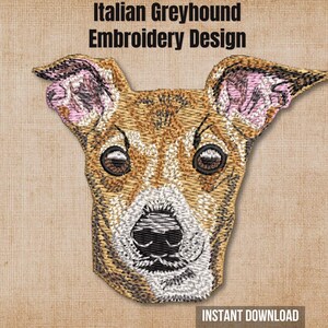 May include: An embroidery design of an Italian Greyhound dog head featuring tan, brown, and white thread colors. The text "Italian Greyhound Embroidery Design" appears at the top, and "INSTANT DOWNLOAD" is printed at the bottom of the image.
