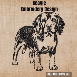 May include: A black machine embroidery design of a standing beagle dog on a textured tan background. The text "Beagle Embroidery Design" is printed in black at the top, and the text "INSTANT DOWNLOAD" is printed in white at the bottom right.