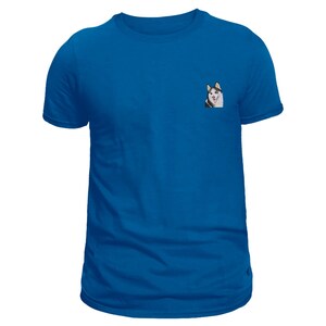 May include: A royal blue t-shirt with a small image of a husky dog's face on the front.