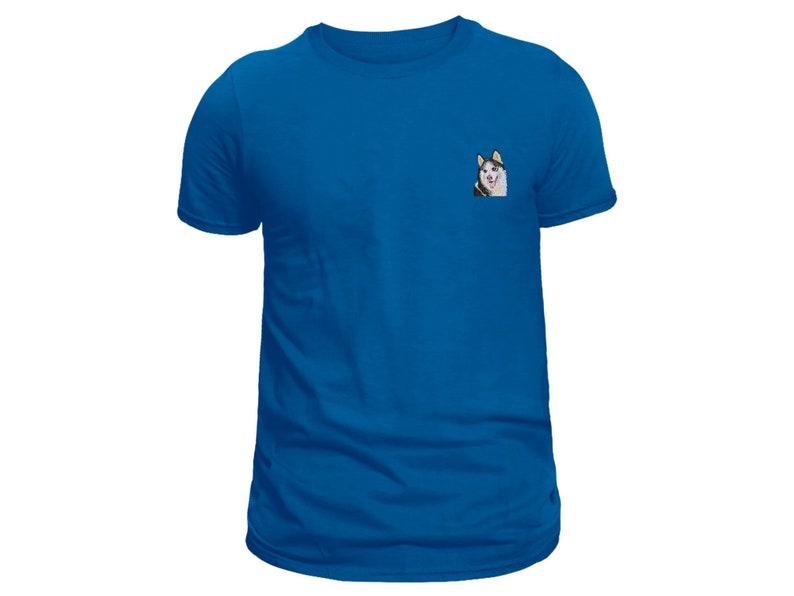 May include: A royal blue t-shirt with a small image of a husky dog's face on the front.