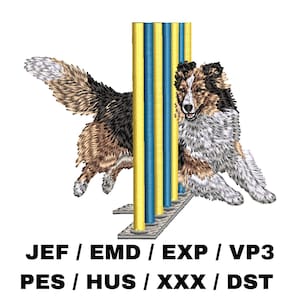 May include: An embroidered design of a dog running through agility poles. The dog is brown, black, and white. The poles are yellow and blue. The text at the bottom reads JEF / EMD / EXP / VP3 PES / HUS / XXX / DST.