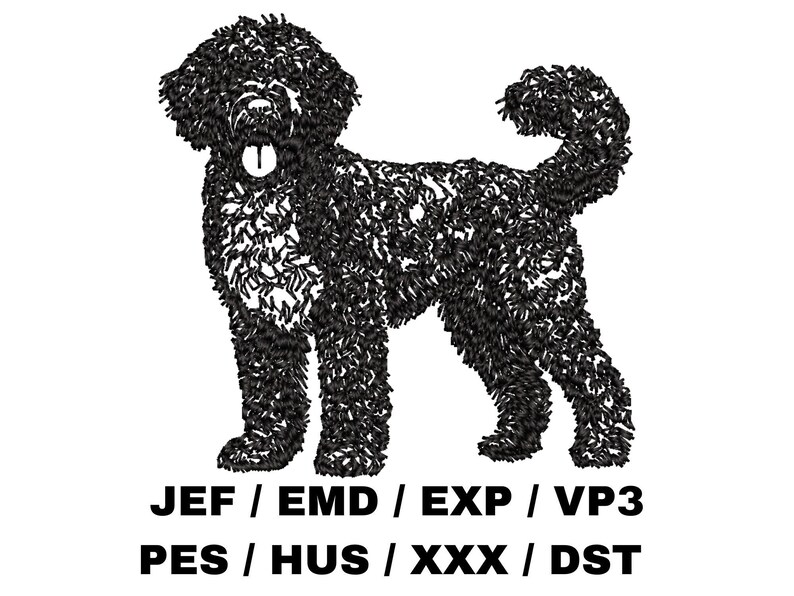 K&ouml;nnte beinhalten: Schwarzwei&szlig;-Stickdesign eines Portugiesischen Wasserhundes. Der Hund steht mit dem Kopf zur Seite gedreht und der Zunge herausgestreckt. Das Design ist f&uuml;r Stickmaschinen geeignet und umfasst die Dateiformate JEF, EMD, EXP, VP3, PES, HUS, XXX und DST.