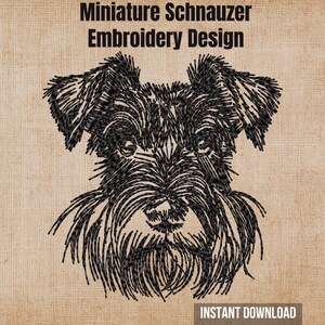 May include: A black thread embroidery design of a Miniature Schnauzer head on a tan textured background. The text at the top reads Miniature Schnauzer Embroidery Design and the text at the bottom right reads INSTANT DOWNLOAD.