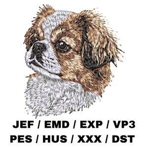 Op de afbeelding: Geborduurd portret van een hondenhoofd, met bruin, wit en bruin haar. Het gezicht van de hond is iets opzij gedraaid, met gedetailleerde steken. Onder de afbeelding staat de tekst: JEF / EMD / EXP / VP3 PES / HUS / XXX / DST.
