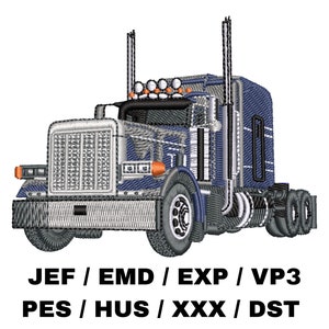Puede incluir: Un camión semi-remolque azul y plateado con una gran parrilla y faros. El camión tiene dos tubos de escape y una gran cabina. El texto "JEF / EMD / EXP / VP3 PES / HUS / XXX / DST" está impreso debajo del camión.