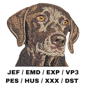 May include: Embroidered dog head in brown and tan thread, with amber eyes and detailed texture. The image includes the text "JEF / EMD / EXP / VP3 PES / HUS / XXX / DST" at the bottom. A detailed depiction of a canine.