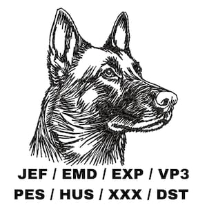 Può includere: Illustrazione in bianco e nero a linee di un pastore tedesco. Il cane guarda a destra. L'immagine è per ricamo.