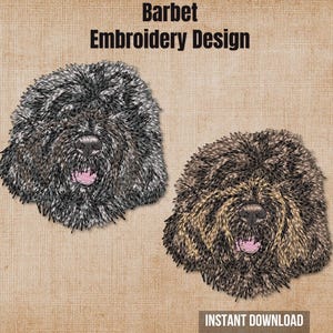 Peut inclure: Deux motifs de broderie représentant des têtes de chien Barbet avec une fourrure texturée, des nez noirs et des langues roses. Le texte indique Barbet Embroidery Design et Instant Download. Les motifs sont en noir, gris et marron sur fond beige.
