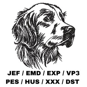 May include: Black and white line art illustration of a Golden Retriever dog's head. JEF / EMD / EXP / VP3 PES / HUS / XXX / DST