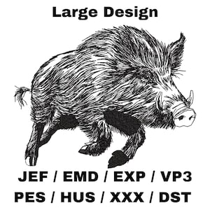 Op de afbeelding: Zwart-witte lijntekening van een wild zwijn dat rent. De afbeelding is gelabeld met "Large Design" en bevat de tekst "JEF / EMD / EXP / VP3 PES / HUS / XXX / DST".
