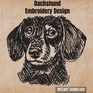 May include: A black thread embroidery design of a dachshund dog head on a tan textured background. The text "Dachshund Embroidery Design" appears at the top, and the text "INSTANT DOWNLOAD" is located in a dark grey rectangle at the bottom.