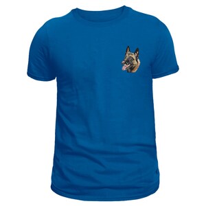 May include: A royal blue t-shirt with an embroidered dog's head on the left chest. The dog has brown and black fur, with its tongue out. The shirt is made of a soft material. A casual, everyday garment.
