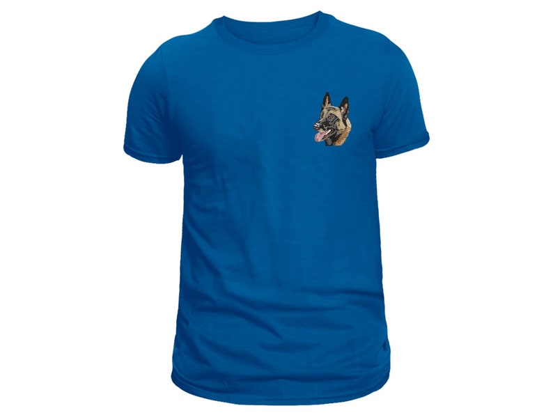 May include: A royal blue t-shirt with an embroidered dog's head on the left chest. The dog has brown and black fur, with its tongue out. The shirt is made of a soft material. A casual, everyday garment.
