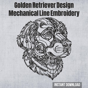 Mechanisches Golden-Retriever-Gesicht als Umriss für Stickmaschinen (4x4-Stickrahmen) | Steampunk-Hunde-Linienzeichnung (digital, PES, DST, JEF)