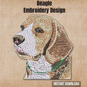 May include: An embroidery design of a beagle dog head in profile, featuring brown, white, and black thread colors, a green collar, and the text "Beagle Embroidery Design" and "INSTANT DOWNLOAD" printed in black.