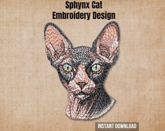 Sphynx Cat Face Full Color Layered Stitch Embroidery Design 4x4 | Solid Coverage Hairless Feline File pes dst jef vp3 hus download