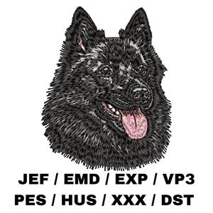 May include: Black dog head embroidery design with a pink tongue. The dog has a fluffy appearance. The design includes the text "JEF / EMD / EXP / VP3 PES / HUS / XXX / DST" in black, below the dog's head.