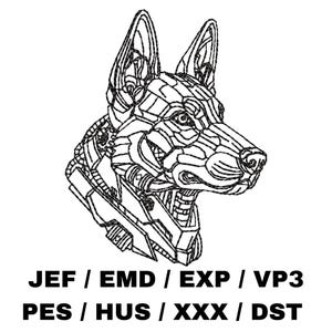 May include: Black and white line art of a German Shepherd dog's head, stylized with geometric shapes. The image includes the text "JEF / EMD / EXP / VP3" and "PES / HUS / XXX / DST" below the dog.