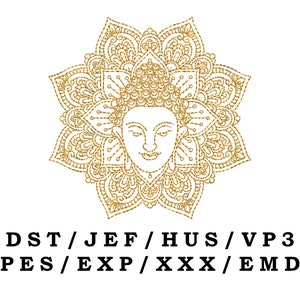 Pode incluir: Design de mandala dourado com um rosto de Buda no centro. O texto "DST/JEF/HUS/VP3 PES/EXP/XXX/EMD" está abaixo do mandala.