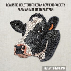 Broderidesign med realistisk Holstein Friesian-ko | Maskinbroderimönster med gårdsdjurshuvud | Direkt nedladdning
