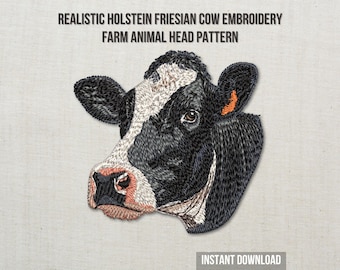 Realistic Holstein Friesian Cow Embroidery Design | Farm Animal Head Machine Embroidery Pattern | Instant Download