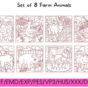 Set of 8 Farm Animals Redwork Embroidery - Instant Download, Line Pattern, Cute Project, DIY Gift, Bundle Pack, Tote, Baby Decor, Accessory