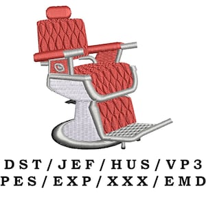 Puede incluir: Una silla de barbero roja con una base blanca y detalles cromados. La silla tiene un tapizado con estampado de rombos. El texto "DST/JEF/HUS/VP3 PES/EXP/XXX/EMD" está impreso debajo de la silla.