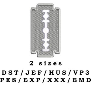 Peut inclure: Un motif de broderie gris et blanc d'une lame de rasoir. Le motif est disponible en deux tailles et dans plusieurs formats de fichiers de broderie, y compris DST, JEF, HUS, VP3, PES, EXP, XXX et EMD.