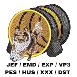 Può includere: Un disegno ricamato con un cane Shetland, o Sheltie, davanti a un tunnel. Il cane è marrone, bianco e nero. Il tunnel è nero, oro e marrone. Il testo in basso recita: JEF / EMD / EXP / VP3 PES / HUS / XXX / DST.