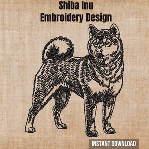 May include: A black machine embroidery design of a Shiba Inu dog standing in profile with a curled tail. The text "Shiba Inu Embroidery Design" appears at the top, and "INSTANT DOWNLOAD" is printed in a rectangular box at the bottom right.
