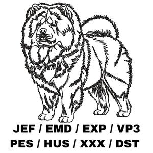 May include: A detailed black and white line drawing of a Chow Chow dog in a standing pose. The dog has a fluffy coat and a distinctive mane. Below the image are file format abbreviations: JEF, EMD, EXP, VP3, PES, HUS, XXX, and DST.