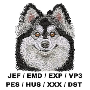 Może przedstawiać: Wzór haftowany czarno-białego psa husky z brązowymi oczami. Wzór jest odpowiedni do maszyn do haftowania i zawiera formaty plików: JEF, EMD, EXP, VP3, PES, HUS, XXX, DST.