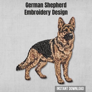 Peut inclure: Motif brodé d'un berger allemand en position debout. Le chien est représenté avec des coutures détaillées dans des tons de marron, de noir et de beige. Le texte "German Shepherd Embroidery Design" est en haut, avec "INSTANT DOWNLOAD" en bas.