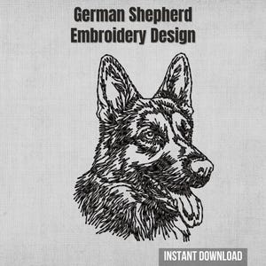 Peut inclure: Motif de broderie en noir et blanc d'une tête de berger allemand, avec le texte "German Shepherd Embroidery Design" au-dessus. Les mots "Instant Download" sont en bas de l'image.