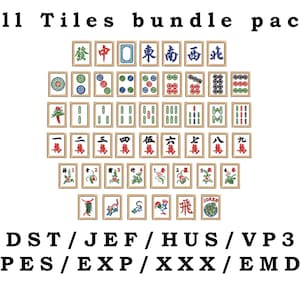 May include: A set of 36 colorful mahjong tiles with Chinese characters and symbols. The tiles are arranged in a heart shape. The tiles are in a wooden frame. The text "All Tiles bundle pack" is at the top of the image. The text "DST/JEF/HUS/VP3 PES/EXP/XXX/EMD" is at the bottom of the image.