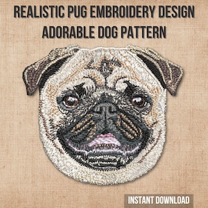 Realistic Pug Embroidery Design | Dog Pet Animal Machine Embroidery Pattern | Instant Download