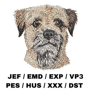 Könnte beinhalten: Gesticktes Bild eines braunen und weißen Border Terrier-Hundekopfes. Der Hund schaut direkt auf den Betrachter. Das Bild ist in einem Stil, der an eine Kreuzstich-Musterung erinnert.