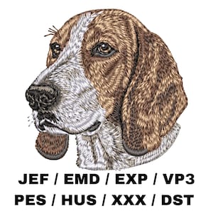 May include: Embroidered dog head with brown and white fur, detailed with visible stitches. The dog's nose and muzzle are white, with brown ears and eyes. Text at the bottom reads: JEF / EMD / EXP / VP3 PES / HUS / XXX / DST.