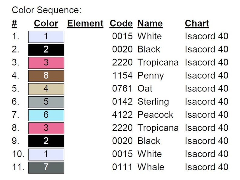 May include: A chart showing a color sequence with 11 different colors. Each color is labeled with a number, a code, a name, and a chart type. The colors are: white, black, pink, brown, beige, gray, light blue, pink, black, white, and gray.