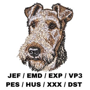 May include: An embroidered image of an Airedale Terrier's head, featuring detailed fur in brown, tan, and black. The image includes the text "JEF / EMD / EXP / VP3 PES / HUS / XXX / DST".