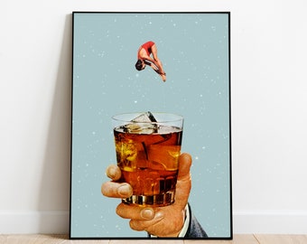 Quarantine Drink, vintage collage art, collage art, surrealism, Retro drink, vintage wall art, Retro girl, poster, retro printable,