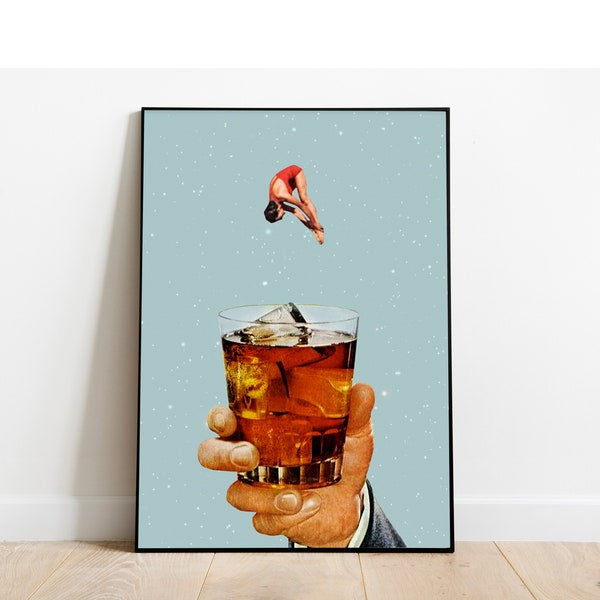 Quarantine Drink, vintage collage art, collage art, surrealism, Retro drink, vintage wall art, Retro girl, poster, retro printable,