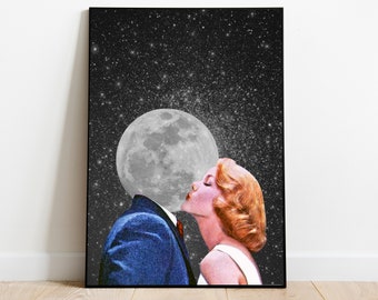 Lunar Kiss, Vintage  collage, collage art, retro art, surrealism, Retro Couple, surreal art, Psychedelic, poster, wall art, printable,