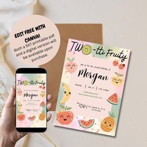May include: A printable invitation for a second birthday party with a fruit theme. The invitation features a pink and yellow background with cartoon fruit characters. The text on the invitation reads "Two-tti Fruity" and "Join us for the second birthday of Morgan".
