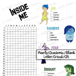 Puede incluir: Un calendario imprimible con los personajes de la película Inside Out. El calendario es una cuadrícula con 31 días e incluye casillas de verificación para cada día para hacer un seguimiento de las emociones como la alegría, la tristeza, el miedo, el asco y la ira.