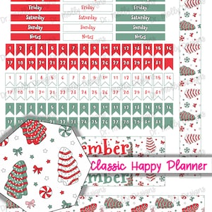 May include: A set of printable planner stickers featuring a Christmas theme. The stickers include a calendar with red and green flags, a title bar with the word "December" in red, and a repeating pattern of green and red striped Christmas trees, candy canes, and stars.
