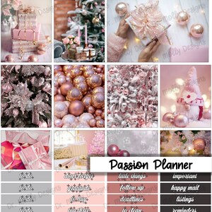 May include: A digital planner with a pink and white Christmas theme. The planner includes stickers with text such as "to do", "don't forget", "little things", "follow up", "deadlines", "to clean", "goals", "groceries", "to grade", "important", "happy mail", "listings", "reminders", "events", "homework", and "steps".
