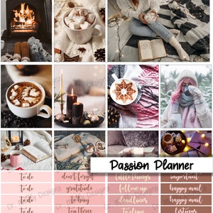May include: A digital planner with a winter theme. The planner has a pink and brown color scheme and includes stickers with text such as "To do", "Don't forget", "Little things", "Important", "Gratitude", "Follow up", "Happy mail", "To buy", "Deadlines", "Happy mail", "Top three", "To clean", "Listings", "Personal", "Goals", "Counts", "Work", "Groceries", "Homework", "School", "To grade", "Steps".