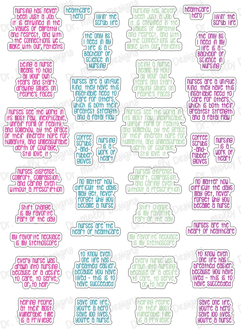 K&ouml;nnte beinhalten: Eine Sammlung von 16 bunten Aufklebern mit inspirierenden Zitaten &uuml;ber die Krankenpflege. Die Aufkleber zeigen eine Vielzahl von Farben, darunter Pink, Blau, Gr&uuml;n und T&uuml;rkis. Die Zitate handeln alle von der Bedeutung der Krankenpflege, den Herausforderungen des Berufs und den Belohnungen, die es mit sich bringt, anderen zu helfen. Einige der Zitate beinhalten: "Krankenschwestern sind das Herz des Gesundheitswesens", "Krankenpflege ist ein Herzenswerk" und "Jede Krankenschwester wurde zur Krankenpflege angezogen, weil sie den Wunsch hatte, zu pflegen, zu dienen oder zu helfen."