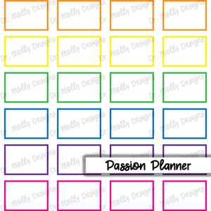 May include: A printable planner page with 12 colorful boxes, each with a white interior. The boxes are outlined in red, orange, yellow, green, blue, purple, pink, and light green. The text "Passion Planner" is at the bottom of the page.